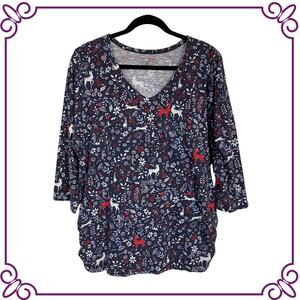 Lane Bryant Blue Floral and Forest Animals V-Neck 3/4 Sleeve Tee 18/20
